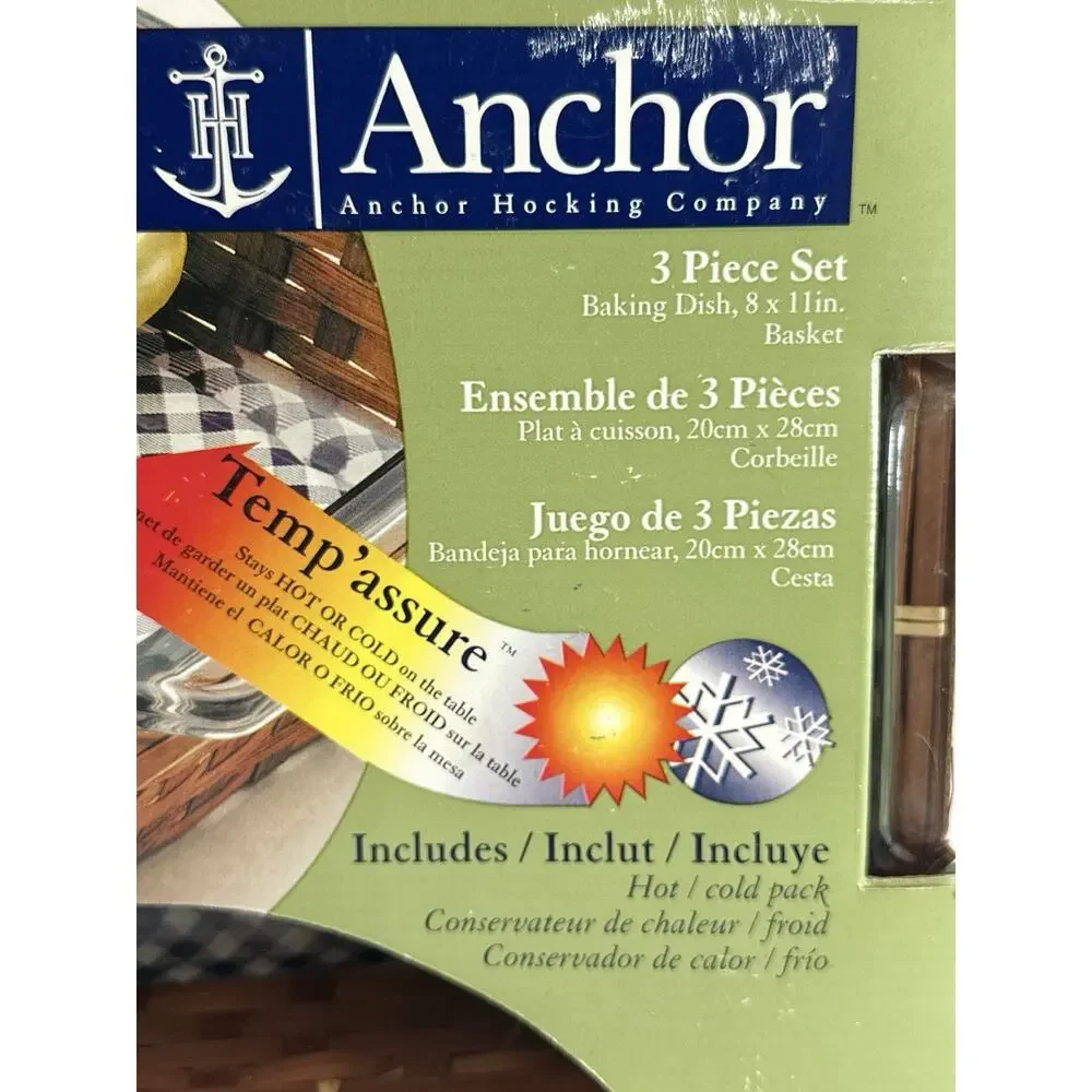 Anchor Hocking 3-Pc Ovenware Set 8x11 Glass Baking Dish Basket Hot Cold Pack